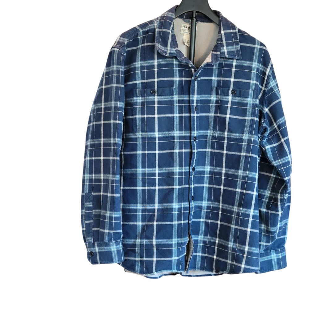 LL‎ Bean Flannel Shirt Mens Large Blue Plaid Button Slightly Fitted Heavyweight